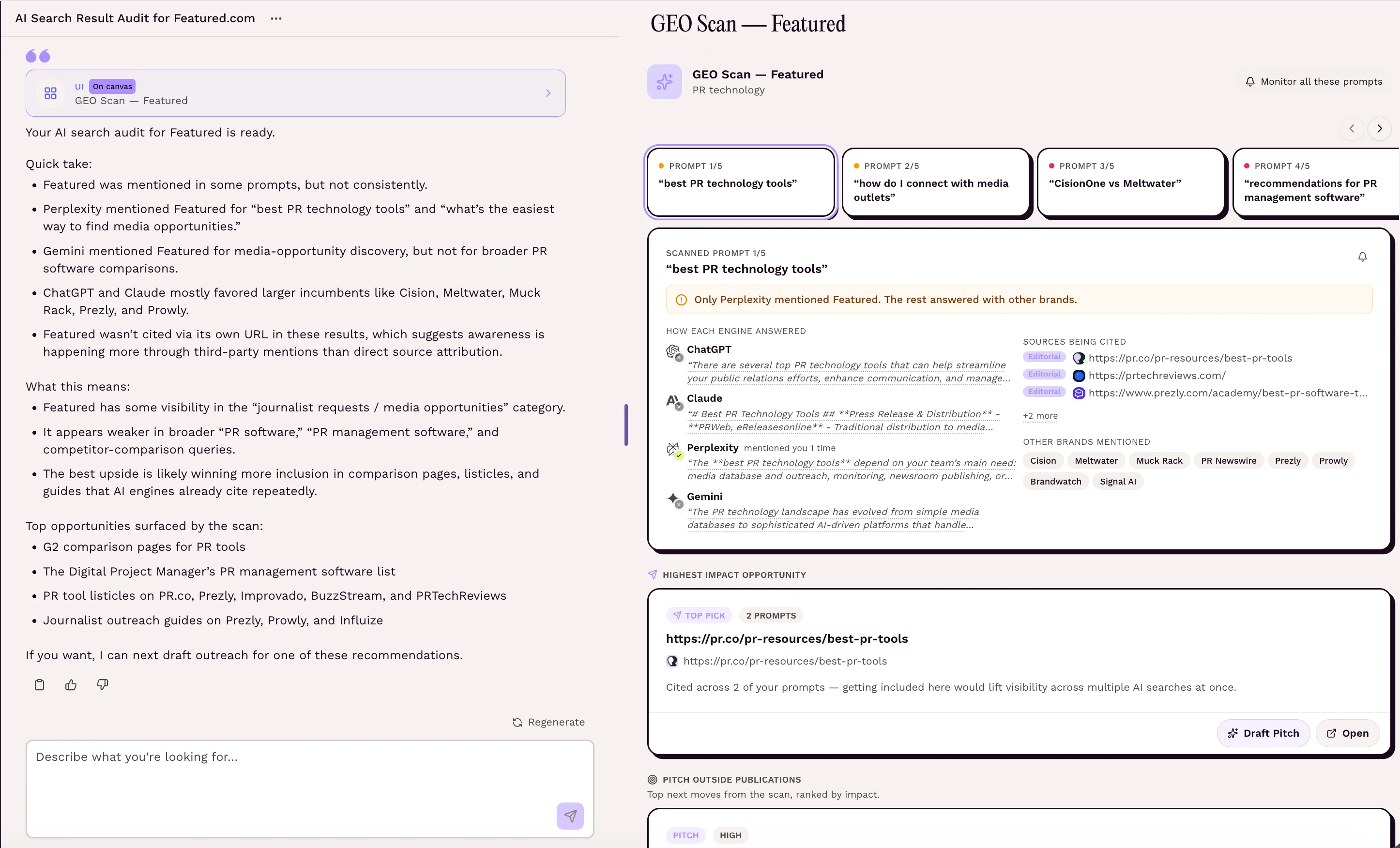 Screenshot of Featured's GEO Audit results panel showing AI citation findings